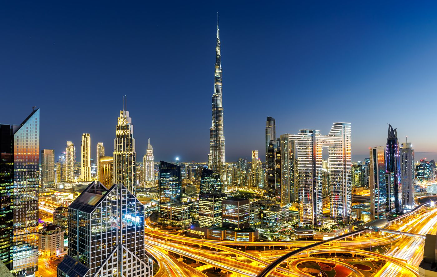 Dubai at night, seen across Downtown and the Sheikh Zayed Road interchange